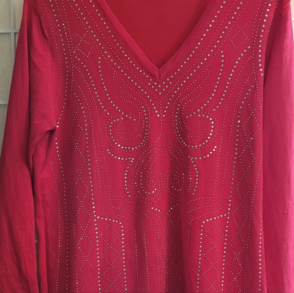Rhinestone Studded Red Or Fuschia Dressy Or Holiday Sweater, Size L